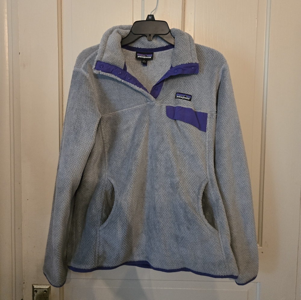 Patagonia Heather Gray Fleece with Purple Trim